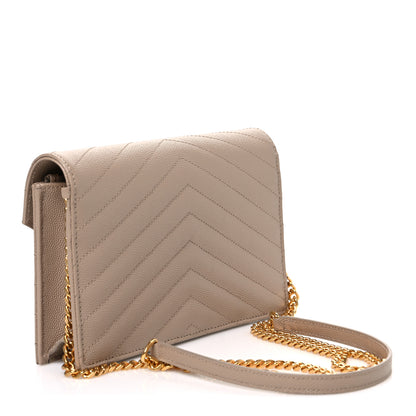 Saint Laurent Grain De Poudre Matelasse Chevron Monogram Envelope Chain Wallet Dark Beige 3 of 11