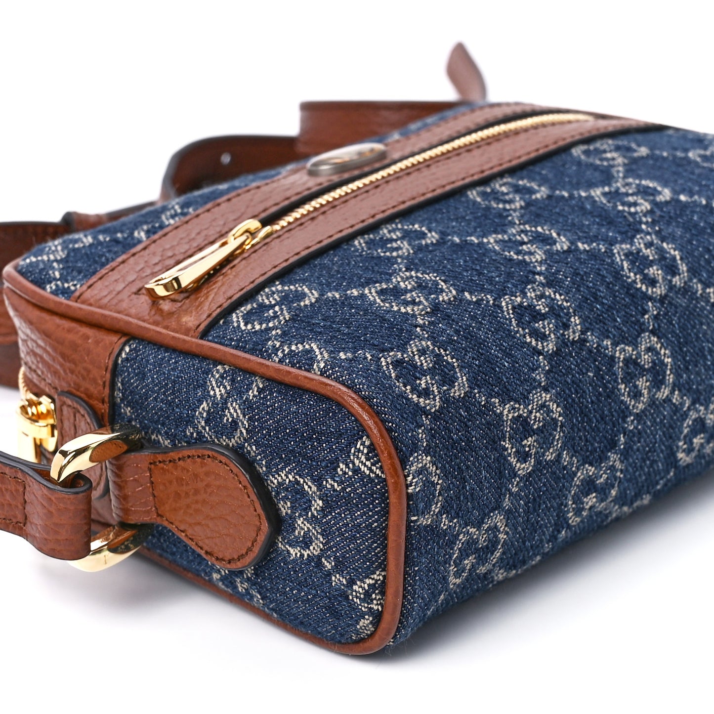 New Denim GG Monogram Dollar Calfskin Mini Ophidia Shoulder Bag Blue Tea Cuir Epilog
