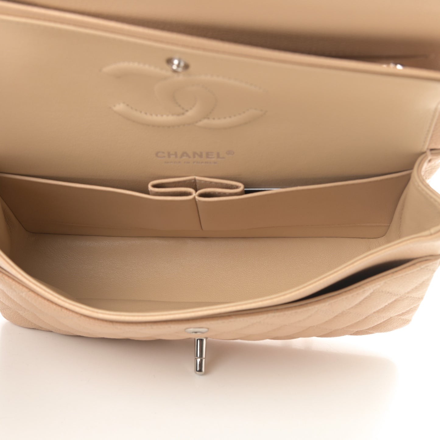 Caviar Quilted Medium Double Flap Beige