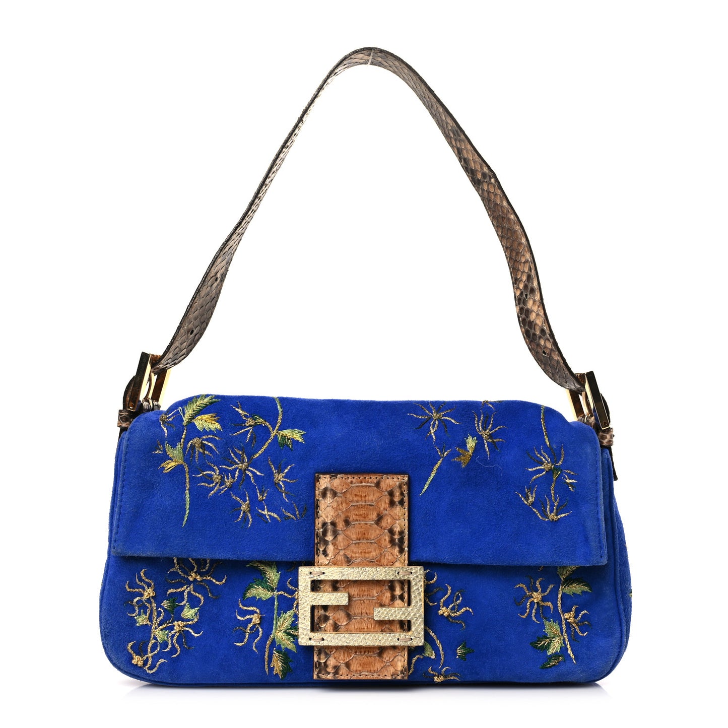 Suede Embroidered Snakeskin Baguette Blue Multicolor
