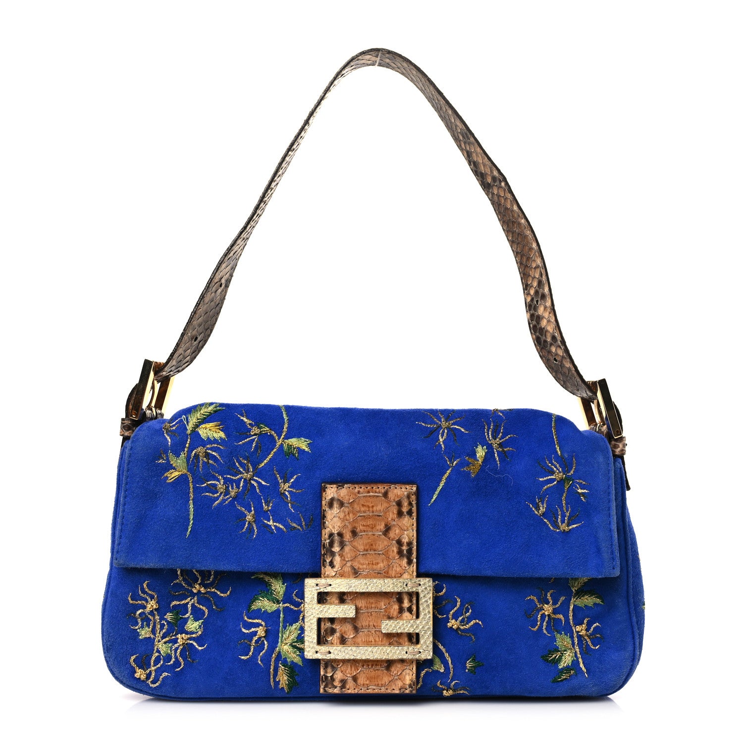 Fendi Suede Embroidered Snakeskin Baguette Blue Multicolor 1 of 8