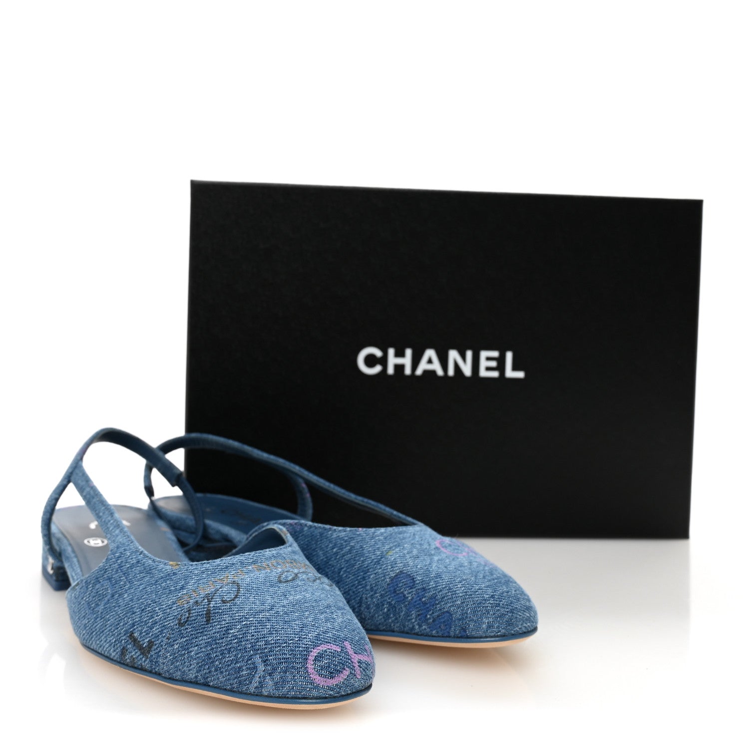 Chanel Denim Printed Denim Mood Cap Toe CC Slingback Flats 37