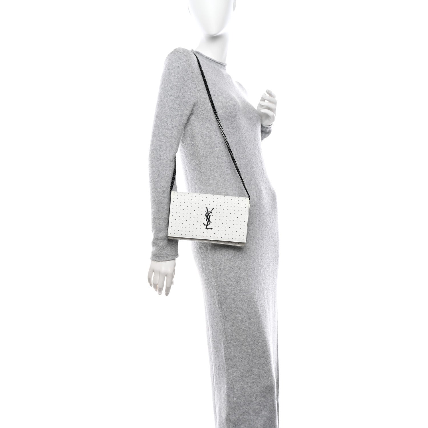 Saint Laurent Grain De Poudre Square Dot Print Monogram Chain Wallet White Matte Black 2 of 10
