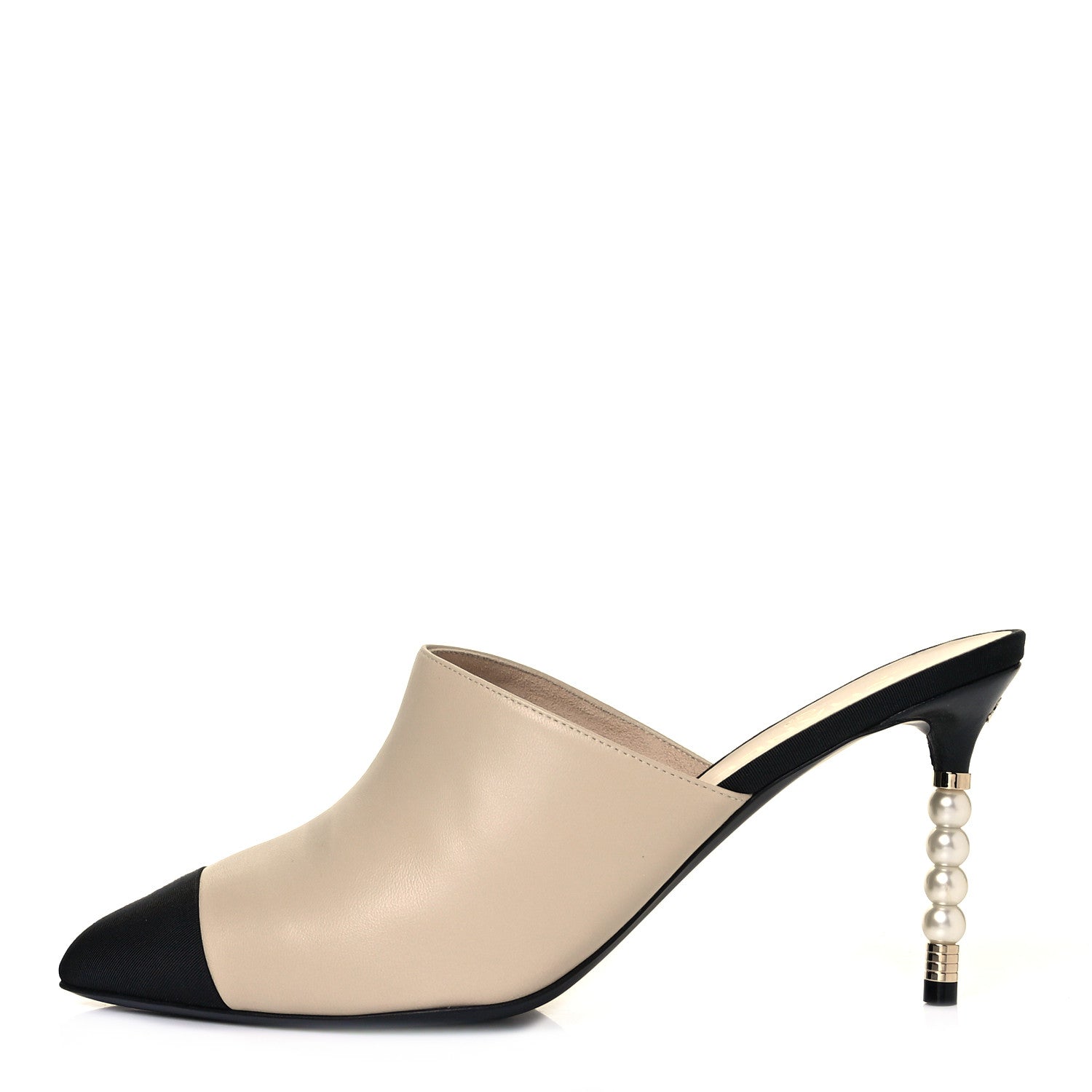 Chanel Lambskin Grosgrain Cap Toe Pearl Mule 41.5 Beige Black 1 of 10