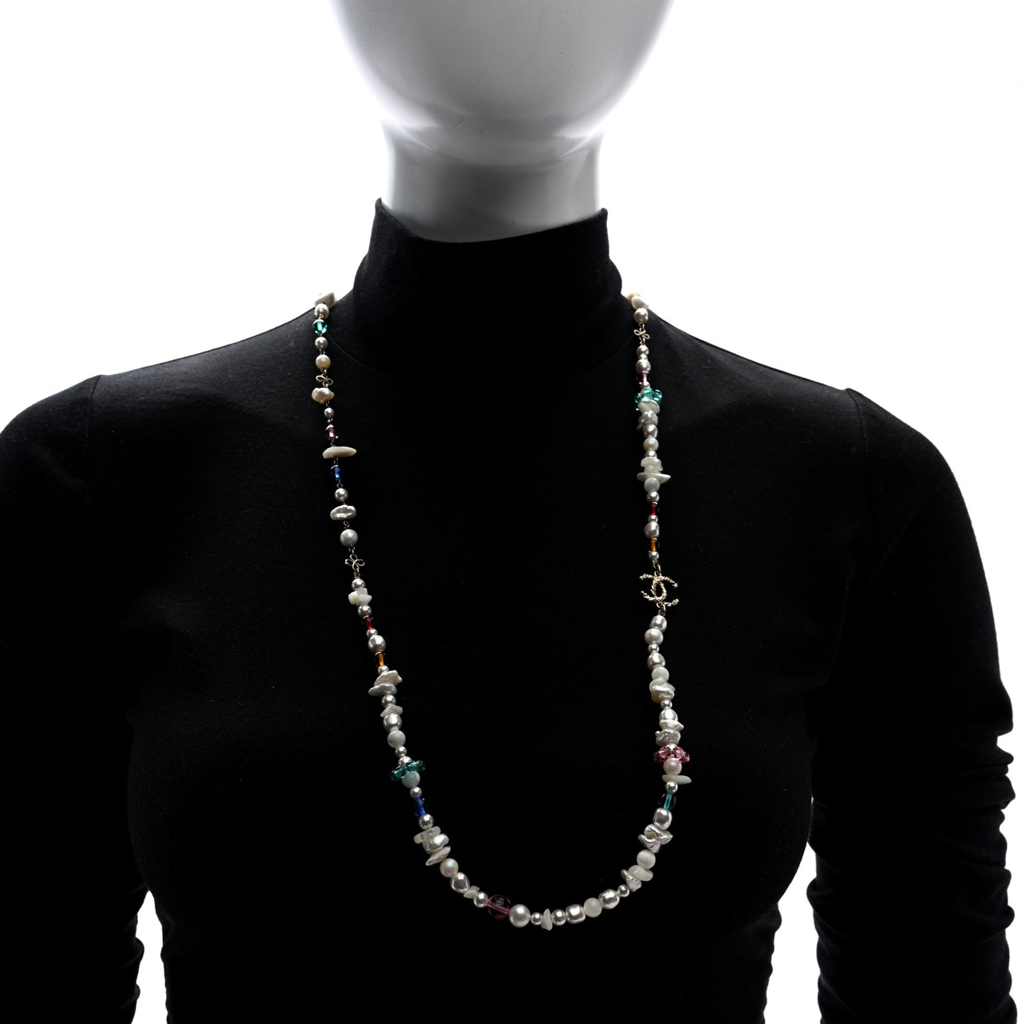 Pearl Crystal CC Long Strand Necklace Gold Multicolor
