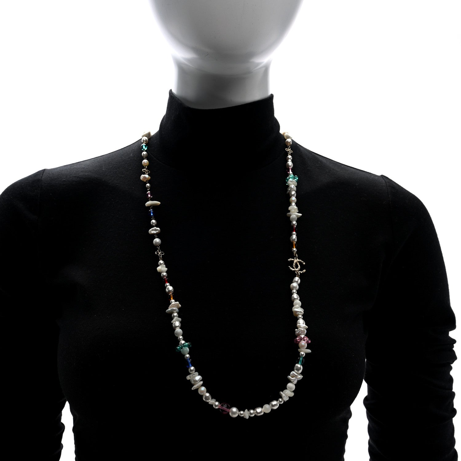 Chanel Pearl Crystal CC Long Strand Necklace Gold Multicolor 5 of 5