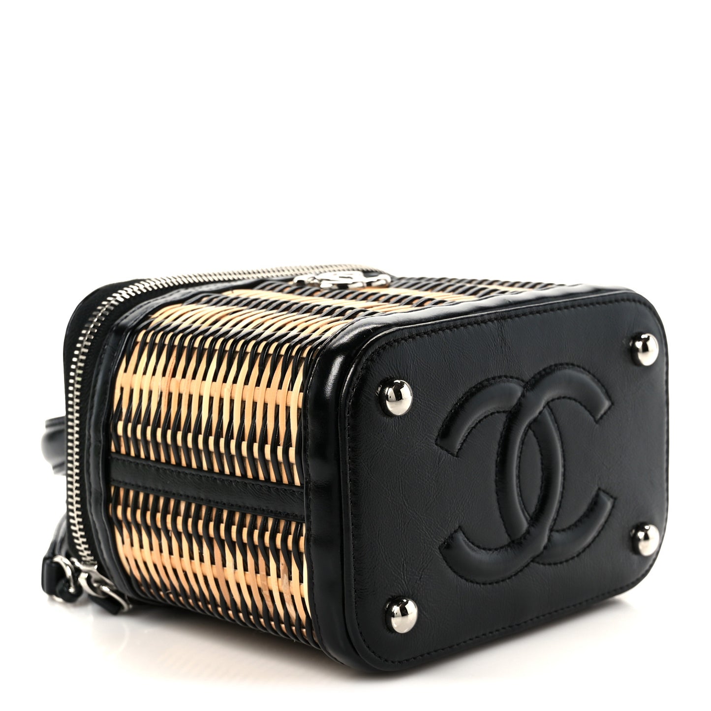 Calfskin Raffia Small Vanity Case Bag Black Beige