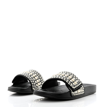 Jimmy Choo Canvas Pearl Embellished Fitz Slide Sandals 37 Black 3 of 11