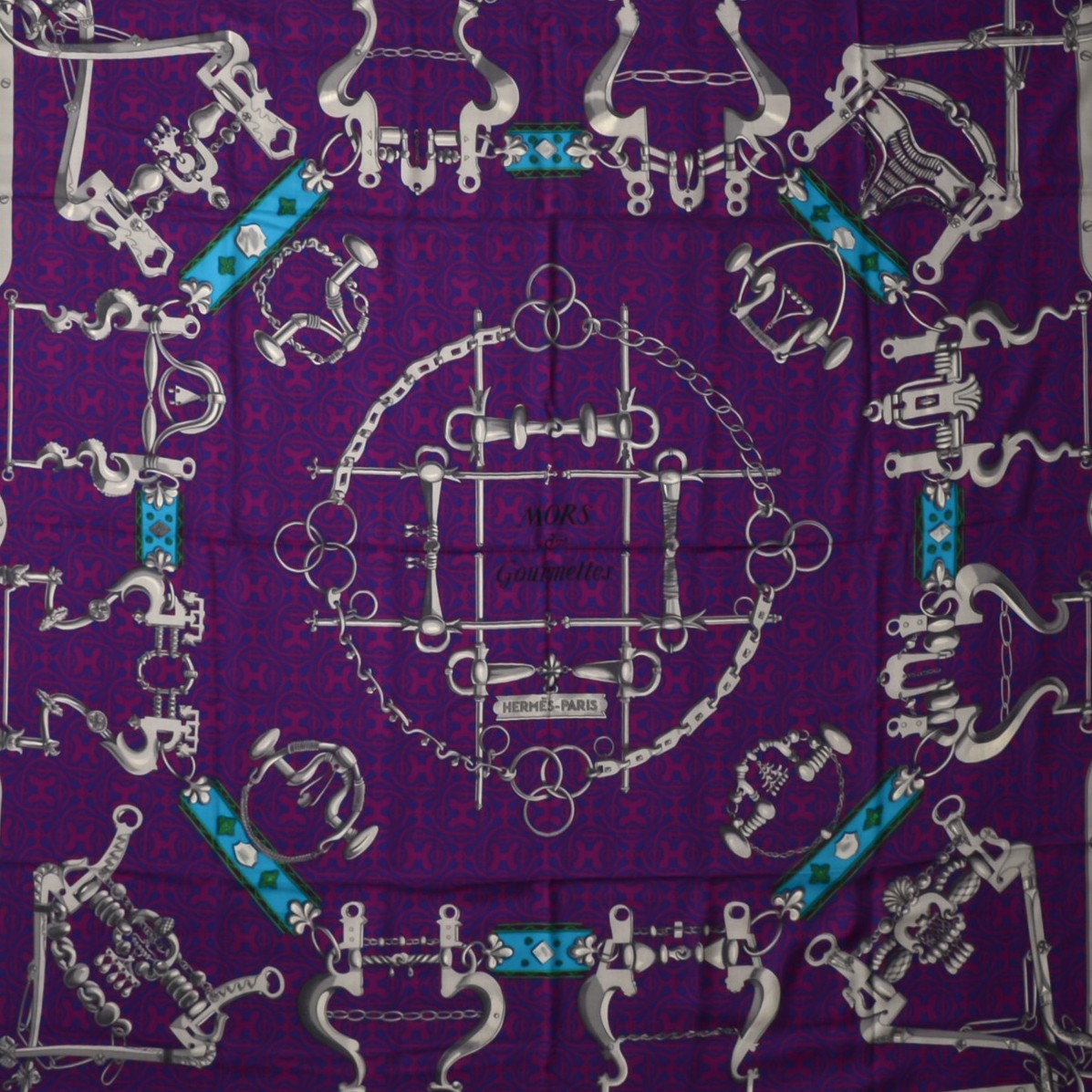 Hermes Cashmere Silk Mors Et Gourmettes Remix Shawl 140 Marine Violet Turquoise 1 of 5