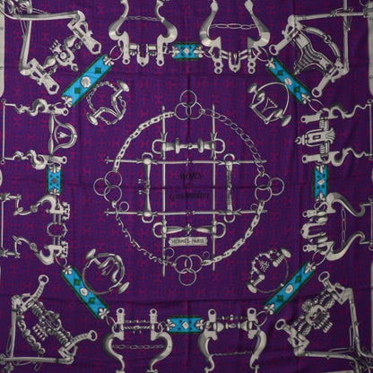 Hermes Cashmere Silk Mors Et Gourmettes Remix Shawl 140 Marine Violet Turquoise 1 of 5