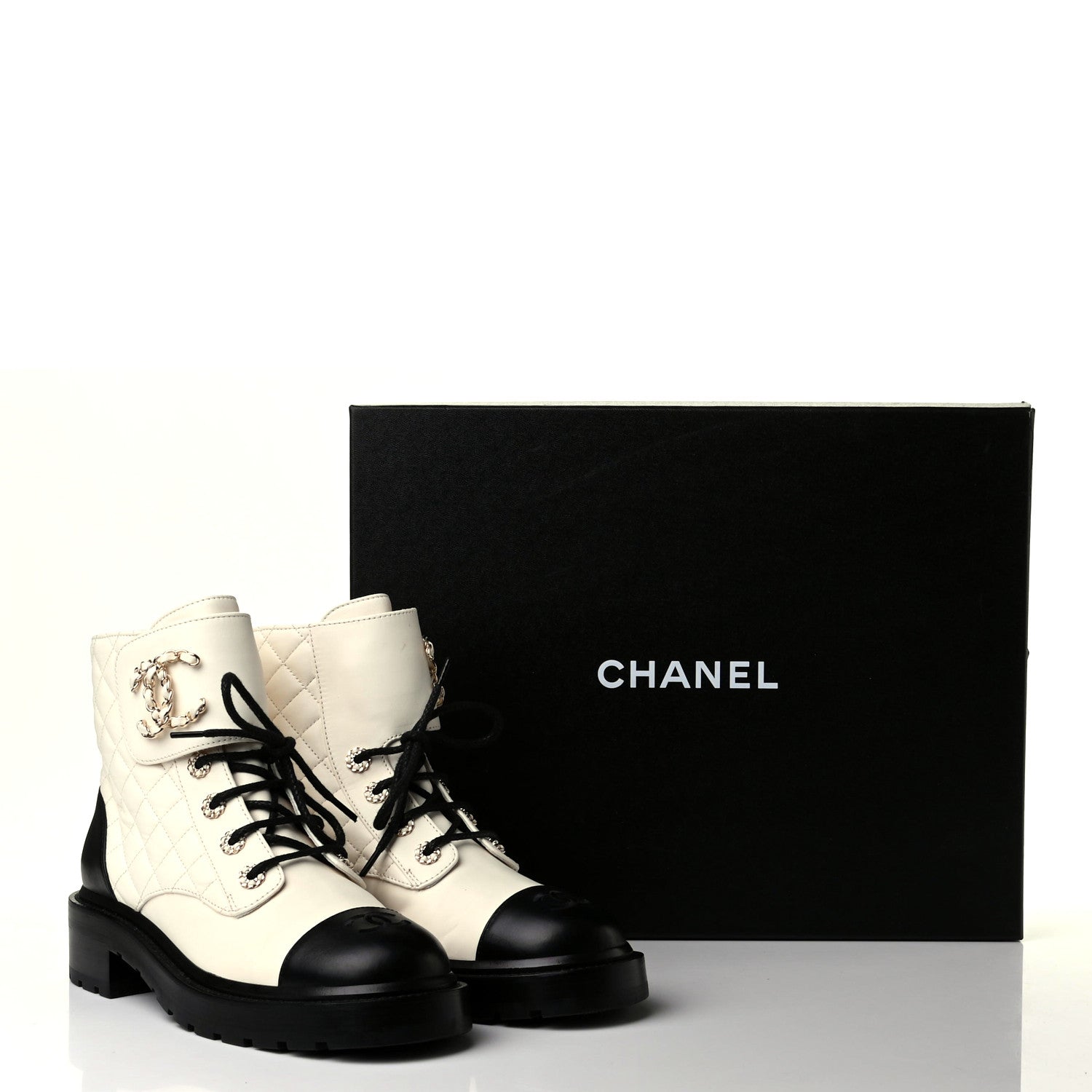 Chanel Shiny Goatskin Calfskin Quilted Lace Up Combat Boots 39 White Black 14 of 14