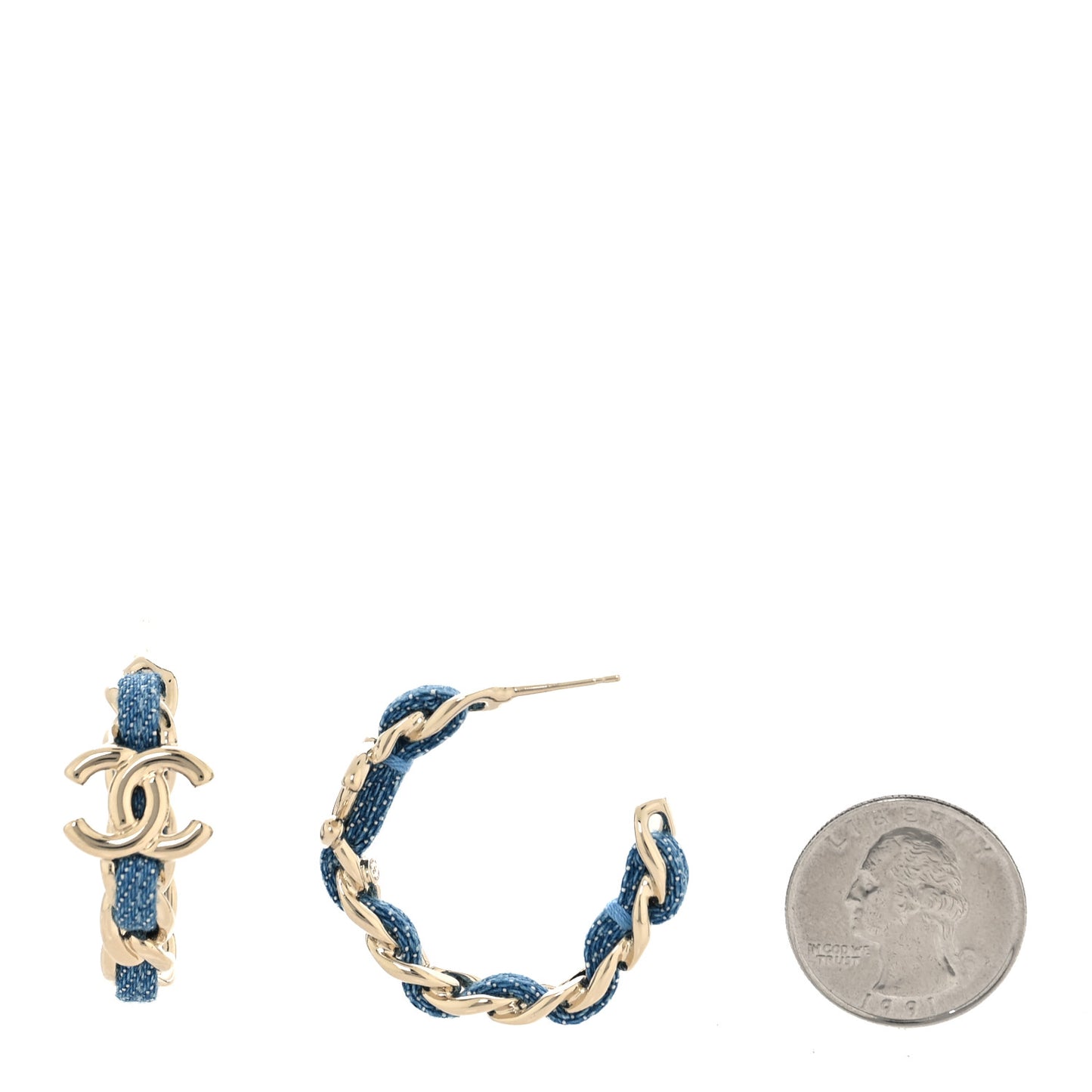 Metal Denim CC Chain Hoop Earrings Gold Blue