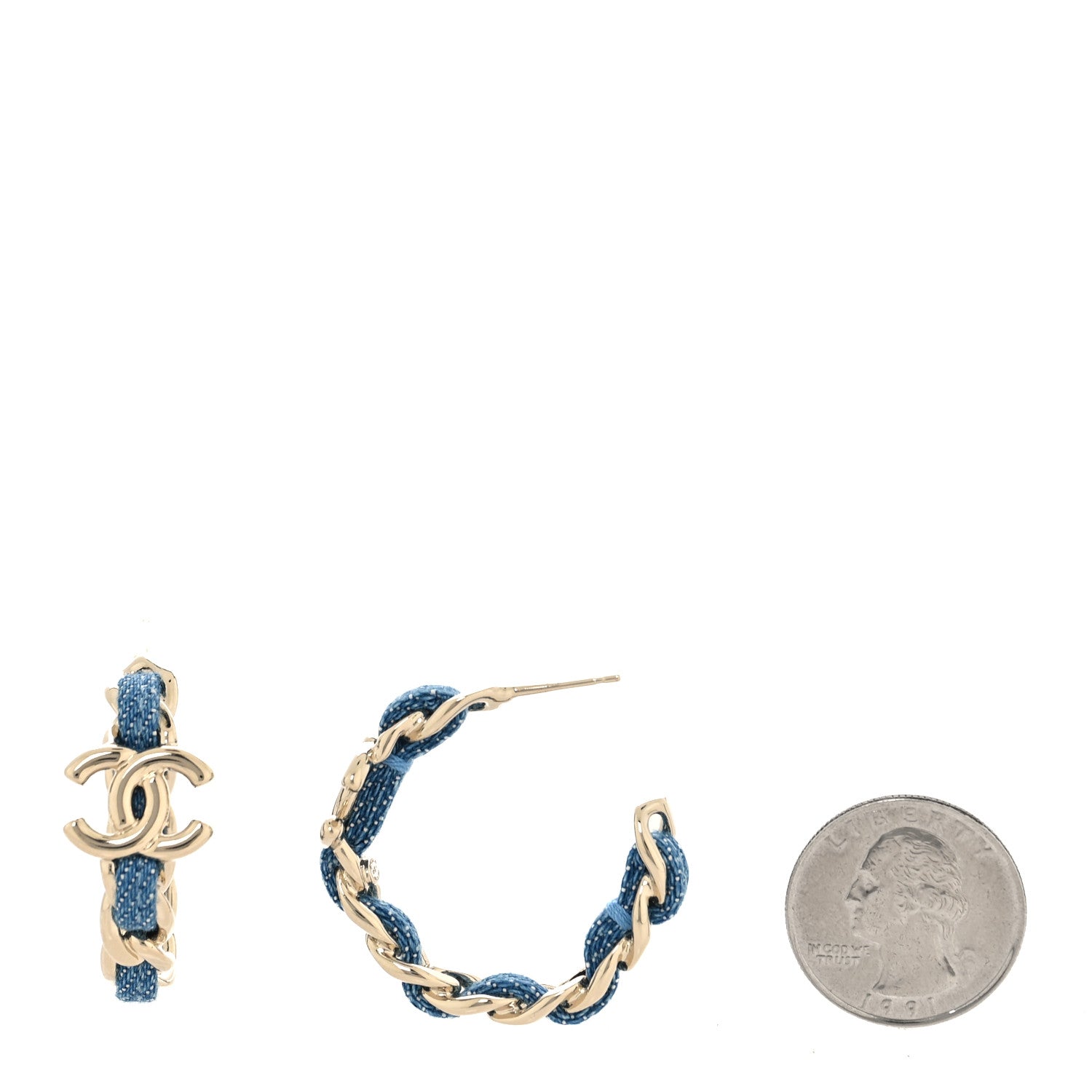 Chanel Metal Denim CC Chain Hoop Earrings Gold Blue 3 of 10