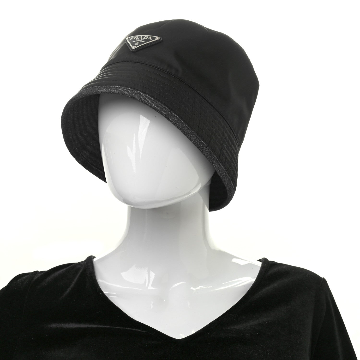 Prada Nylon Denim Metal Triangle Logo Bucket Hat M Black 2 of 9