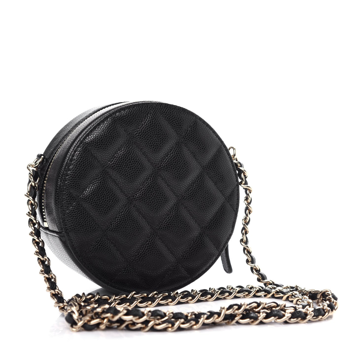 Caviar Quilted French New Wave Round Clutch With Chain Black