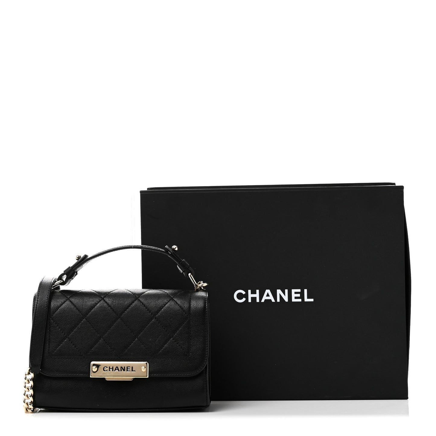 Grained Calfskin Quilted Small Label Click Flap Bag Black