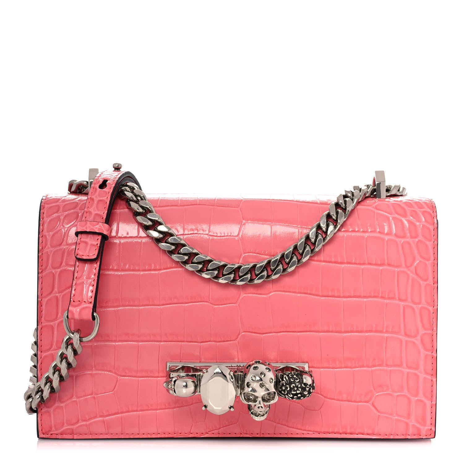 Alexander McQueen Calfskin Crocodile Embossed Knuckle Shoulder Bag Coral 1 of 9