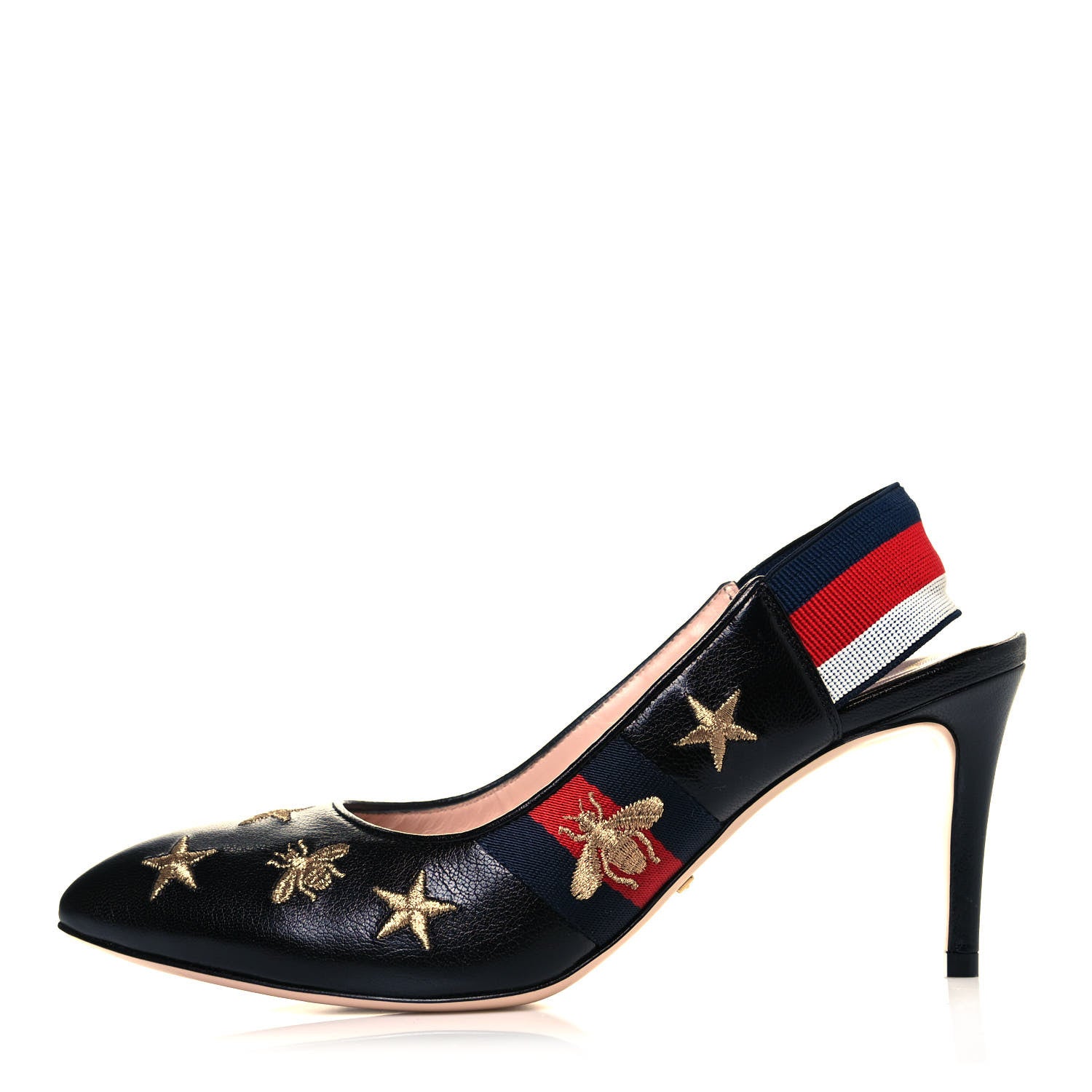 Gucci Malaga Kid Web Bee Star Embroidered Sylvie High Heel Slingback Pumps 37.5 Black 1 of 9