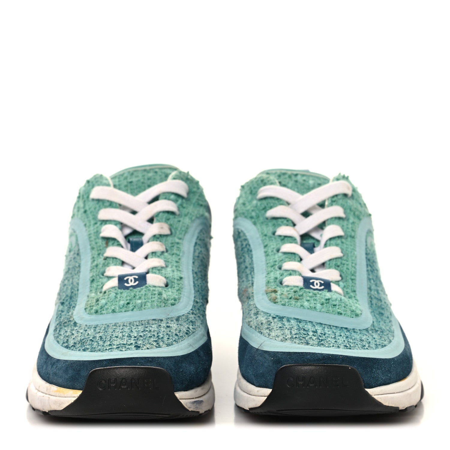 Chanel Tweed Suede Calfskin CC Sneakers 41 Green Navy 3 of 9