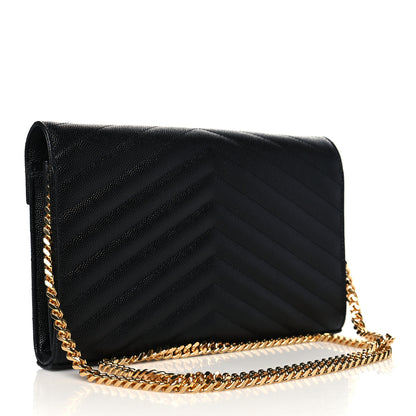 Saint Laurent Grain De Poudre Matelasse Chevron Monogram Chain Wallet Black 3 of 6