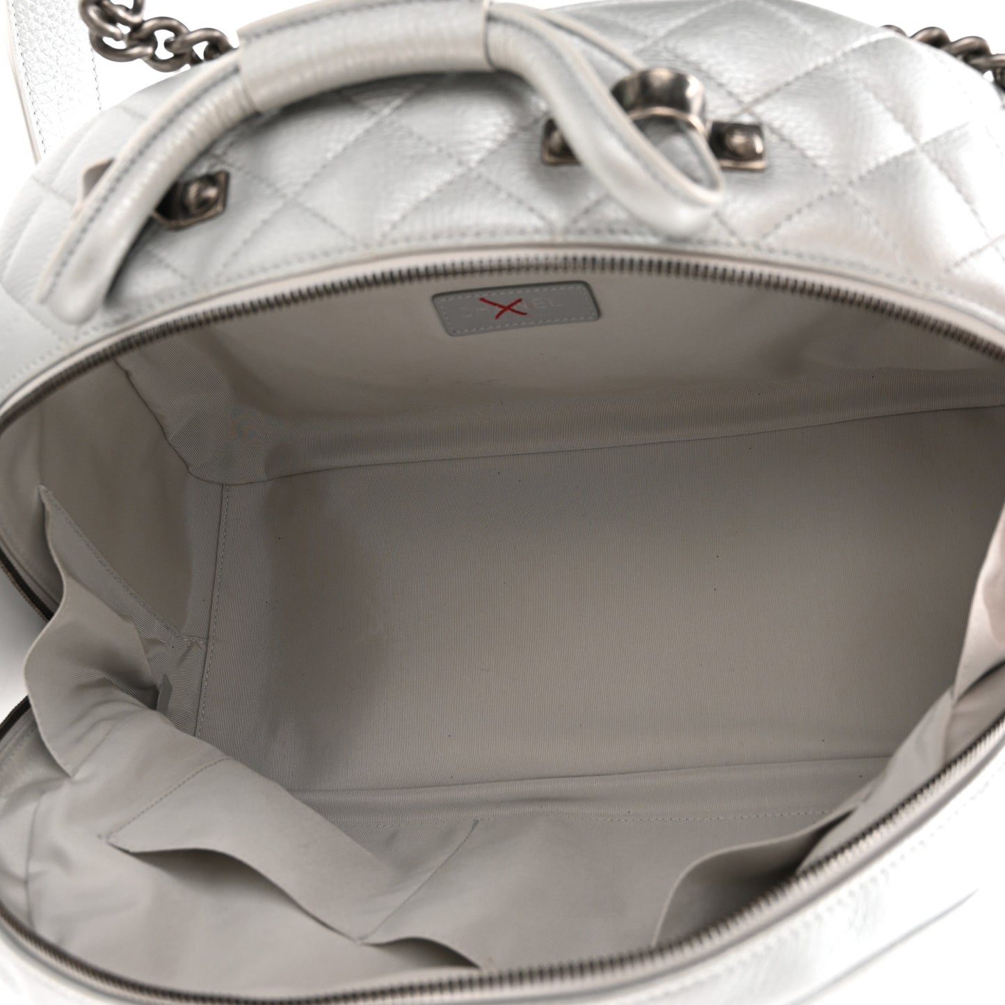Metallic Calfskin Quilted Medium Airlines Round Trip Bowling Bag Silver