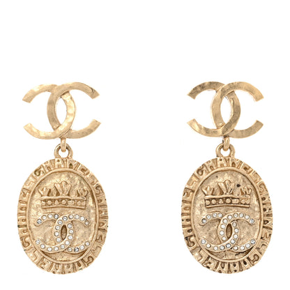 Chanel Crystal CC Medallion Drop Earrings Gold 1 of 5