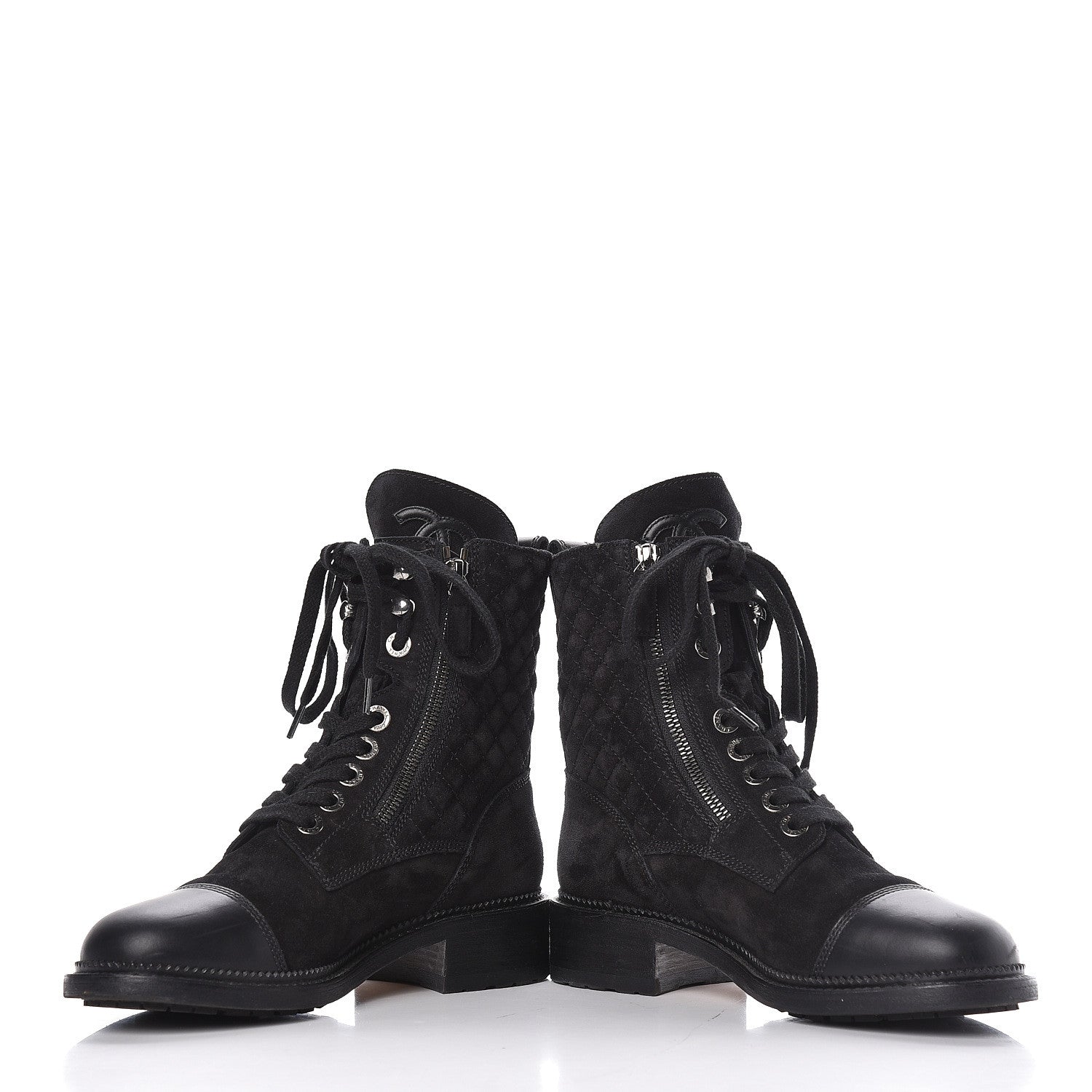 Chanel Suede Quilted CC Lace Up Combat Boots 37 Black 14 of 15