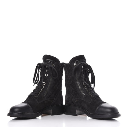 Chanel Suede Quilted CC Lace Up Combat Boots 37 Black 14 of 15