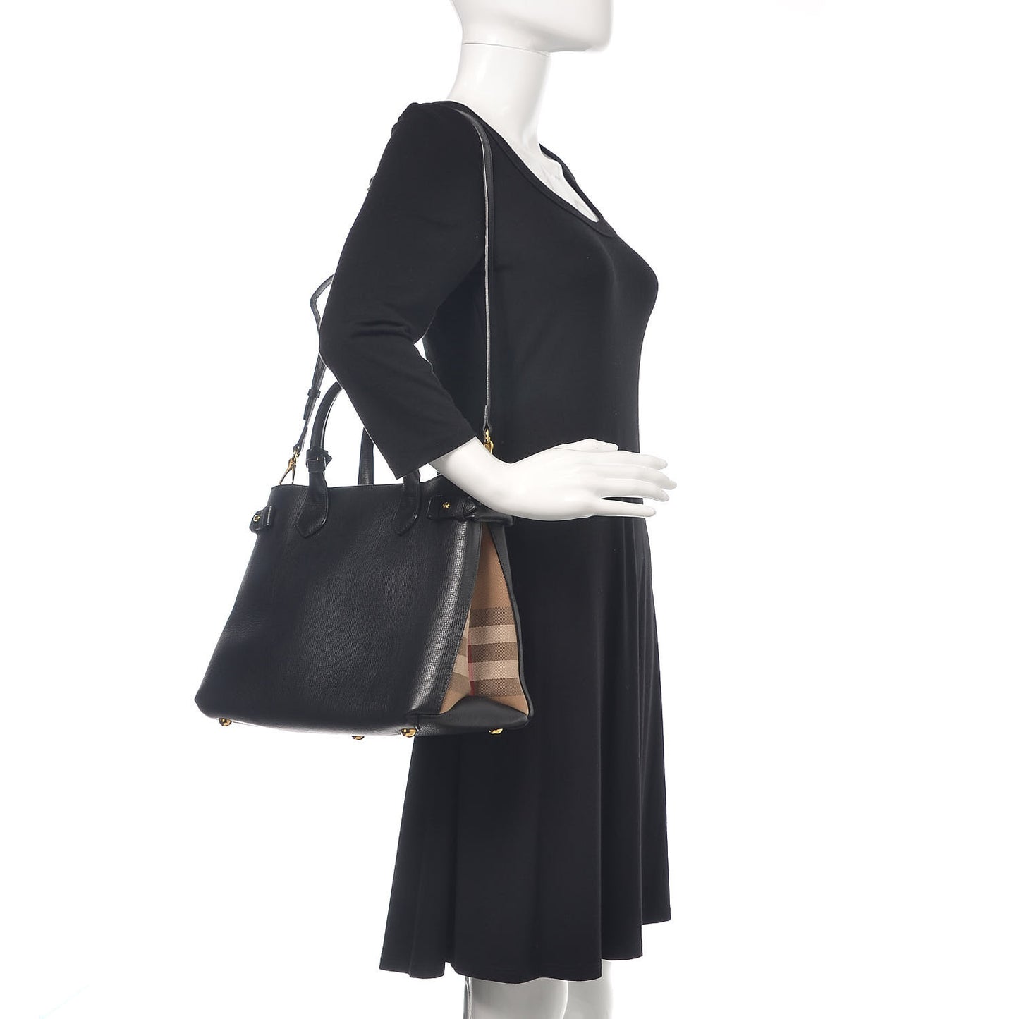 Grainy Calfskin House Check Medium Banner Tote Black