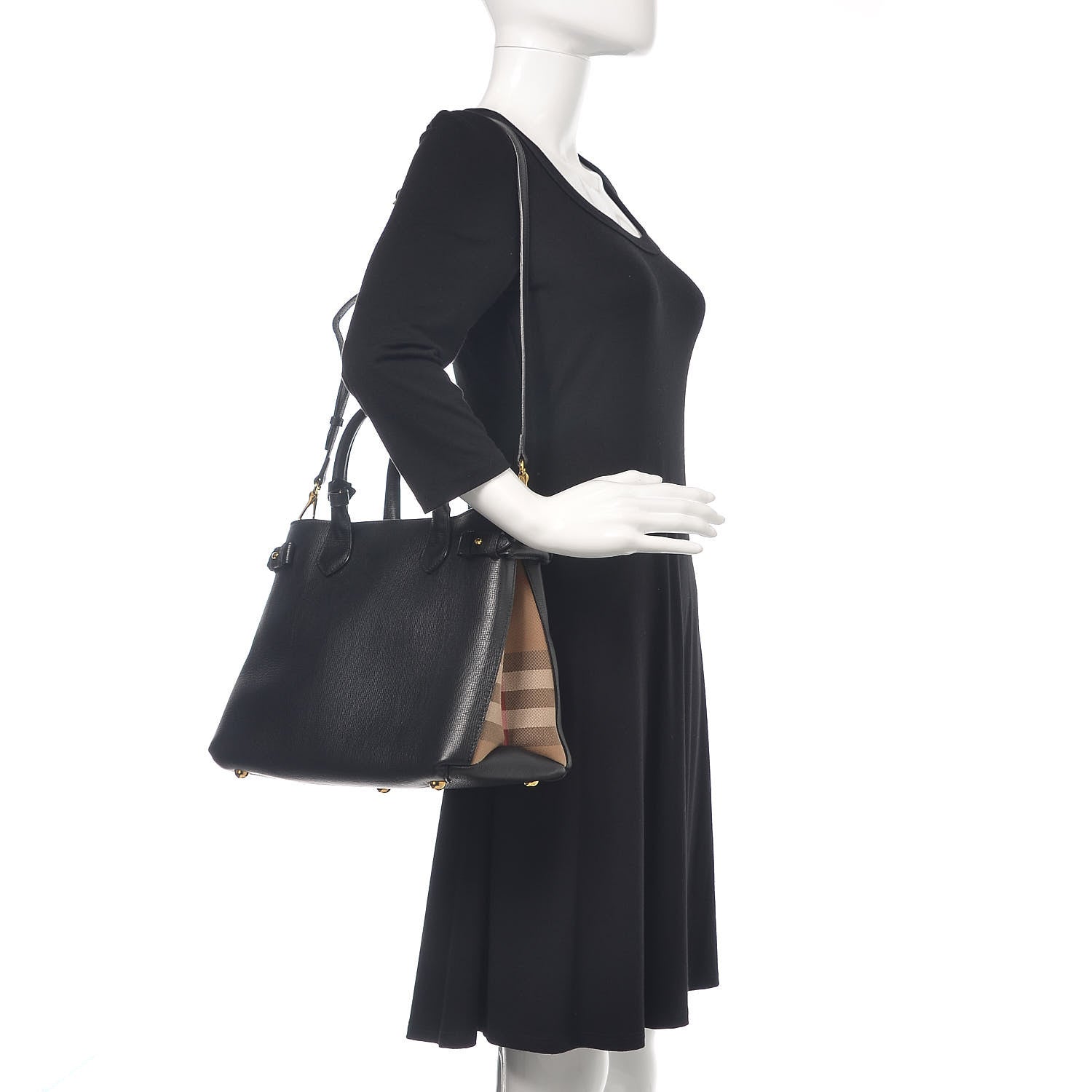Burberry Grainy Calfskin House Check Medium Banner Tote Black 2 of 17