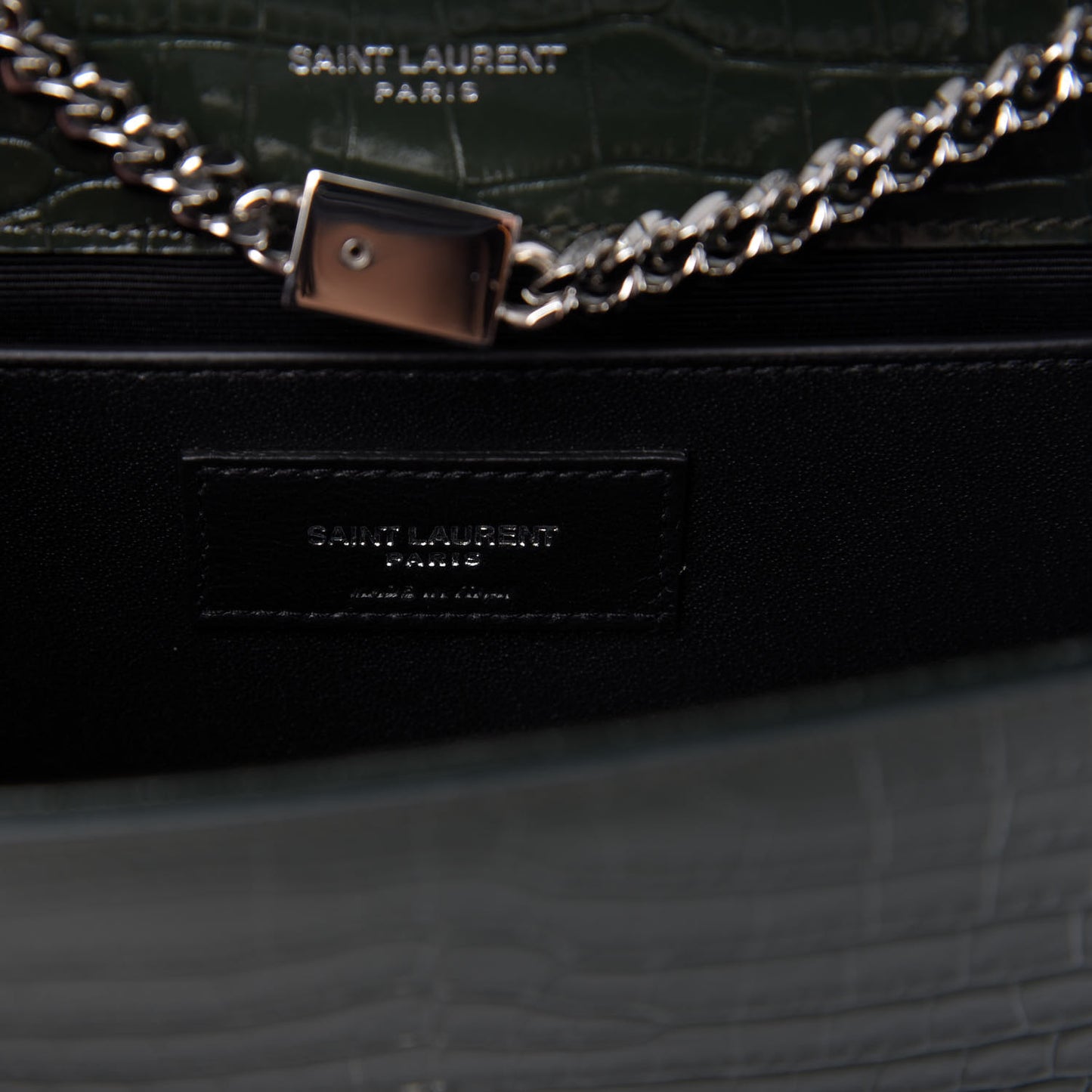 Calfskin Crocodile Embossed Small Classic Monogram Kate Tassel Satchel Dark Green