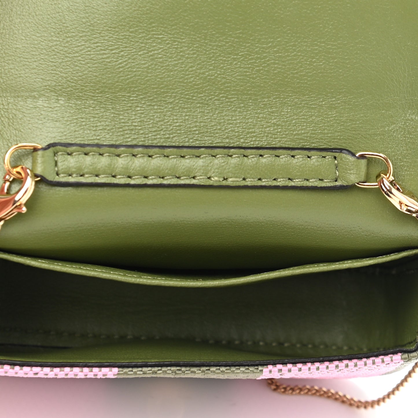 Raffia Pequin Gingham Woven Nano Baguette Charm Verde Militare Rosa