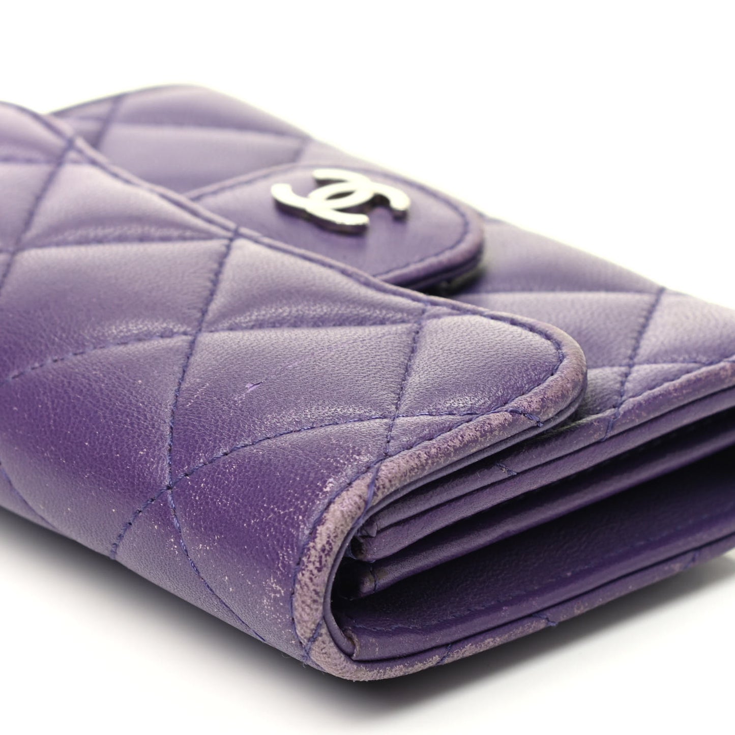 Lambskin Quilted Flap Card Holder Wallet Purple