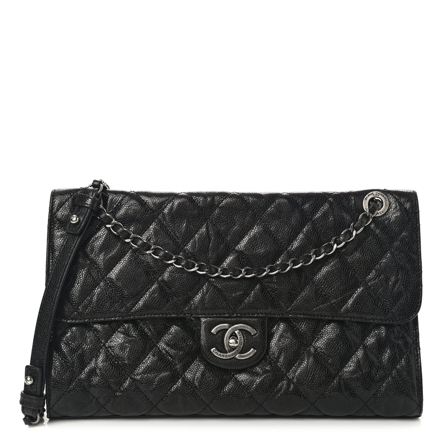 Crumpled Grained Calfskin Jumbo CC Crave Flap Black