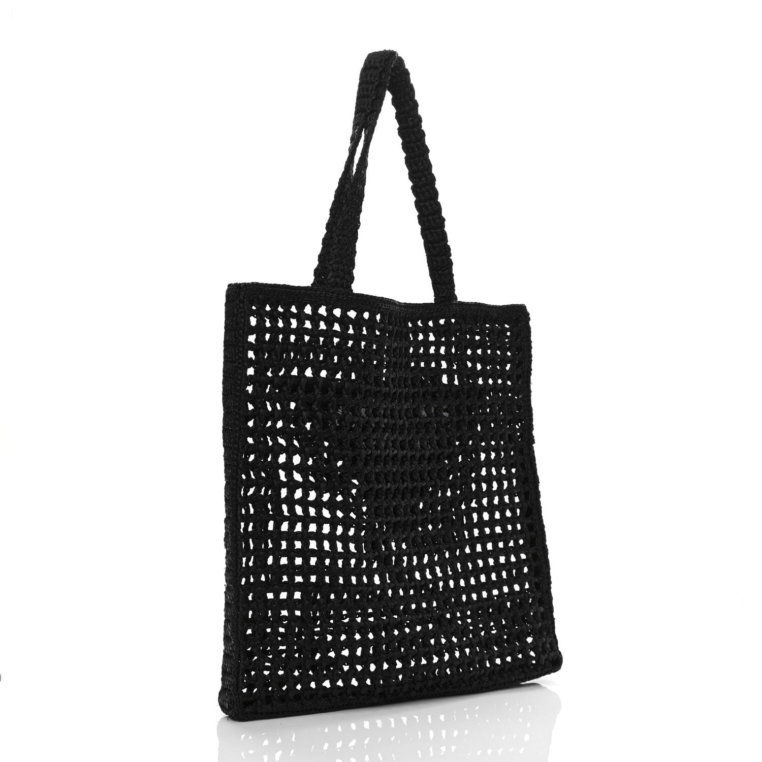 Prada Yarn Raffia Effect Crochet Logo Embroidered Tote Bag Black 3 of 9