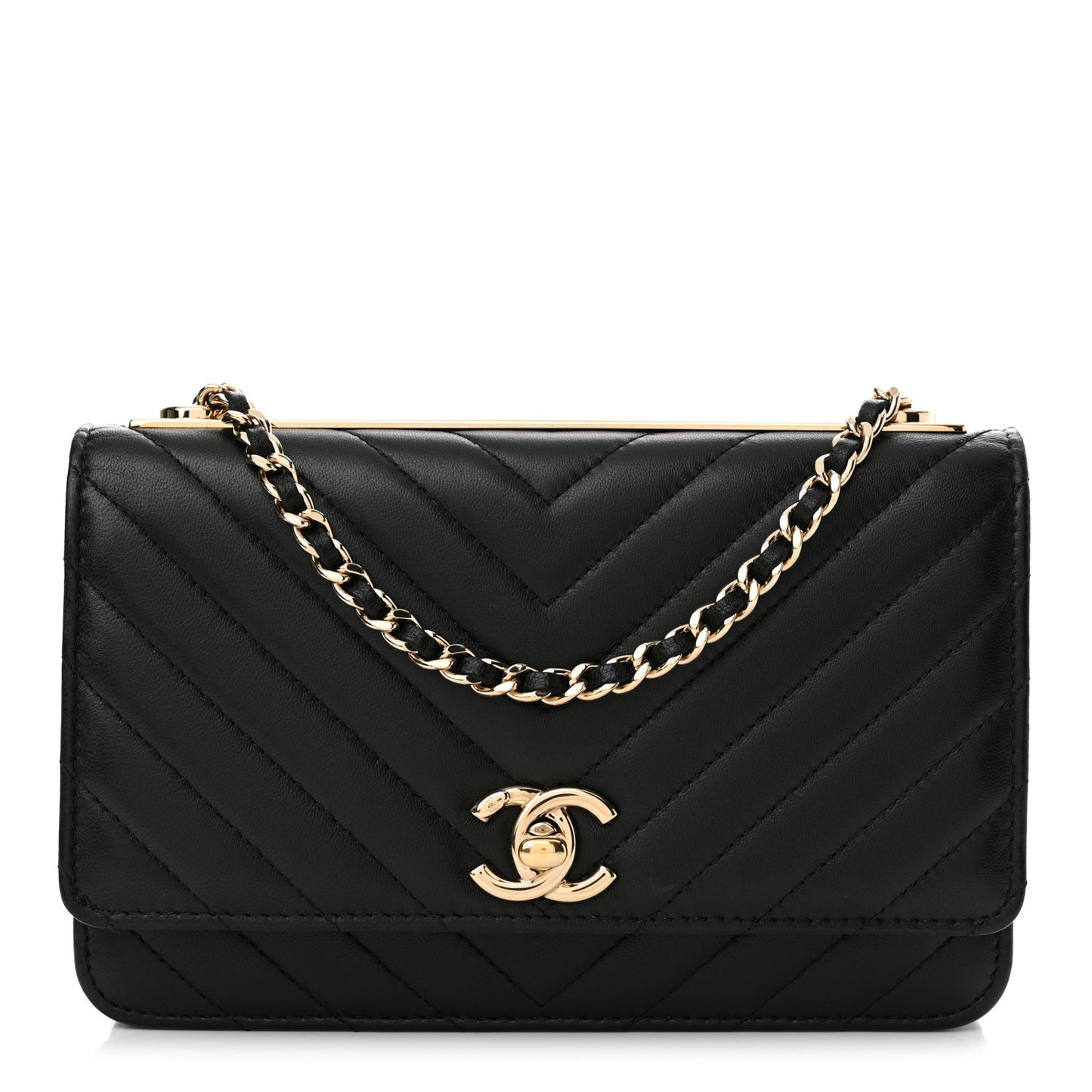Lambskin Chevron Quilted Trendy CC Wallet On Chain WOC Black