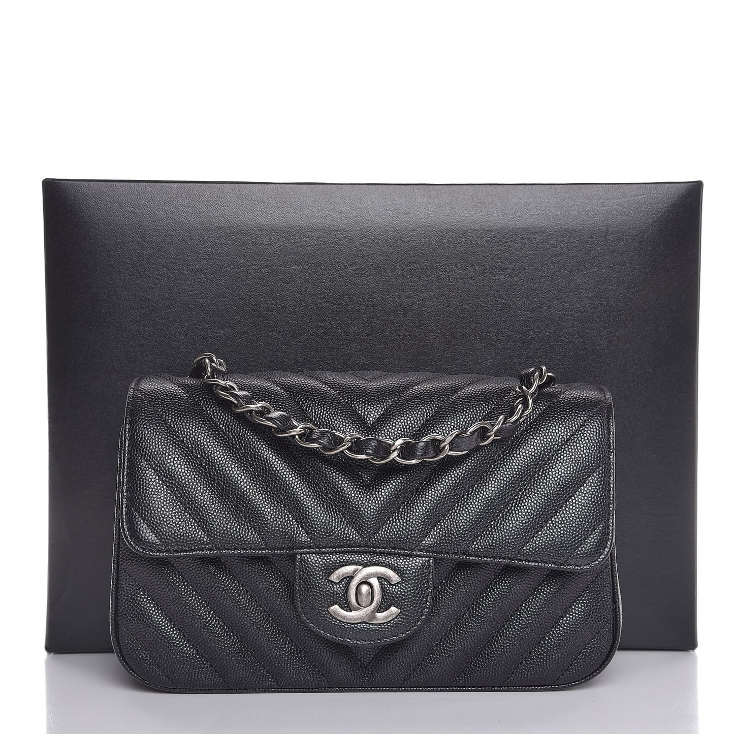 Metallic Caviar Chevron Quilted Mini Rectangular Flap Black