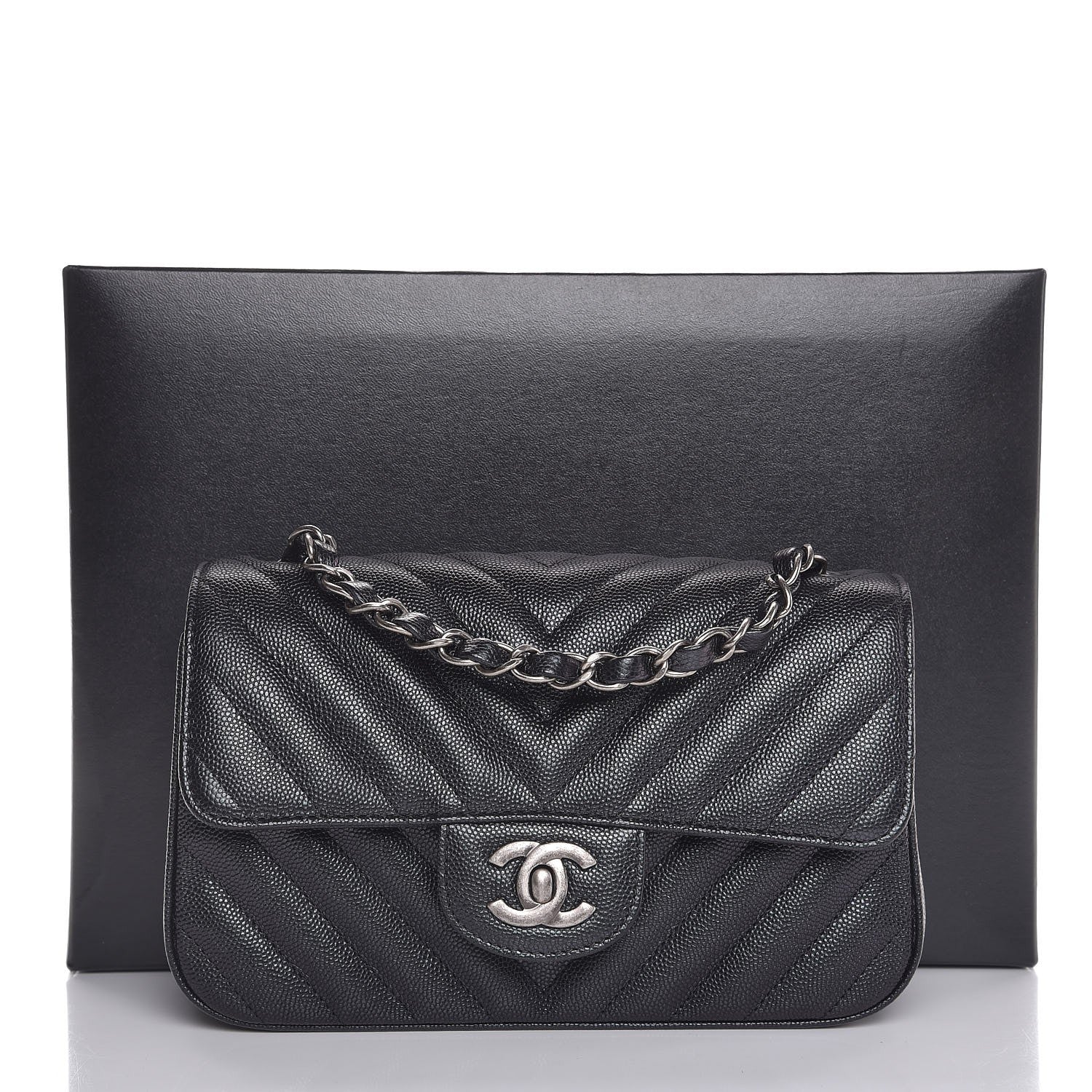 Chanel Metallic Caviar Chevron Quilted Mini Rectangular Flap Black 8 of 8