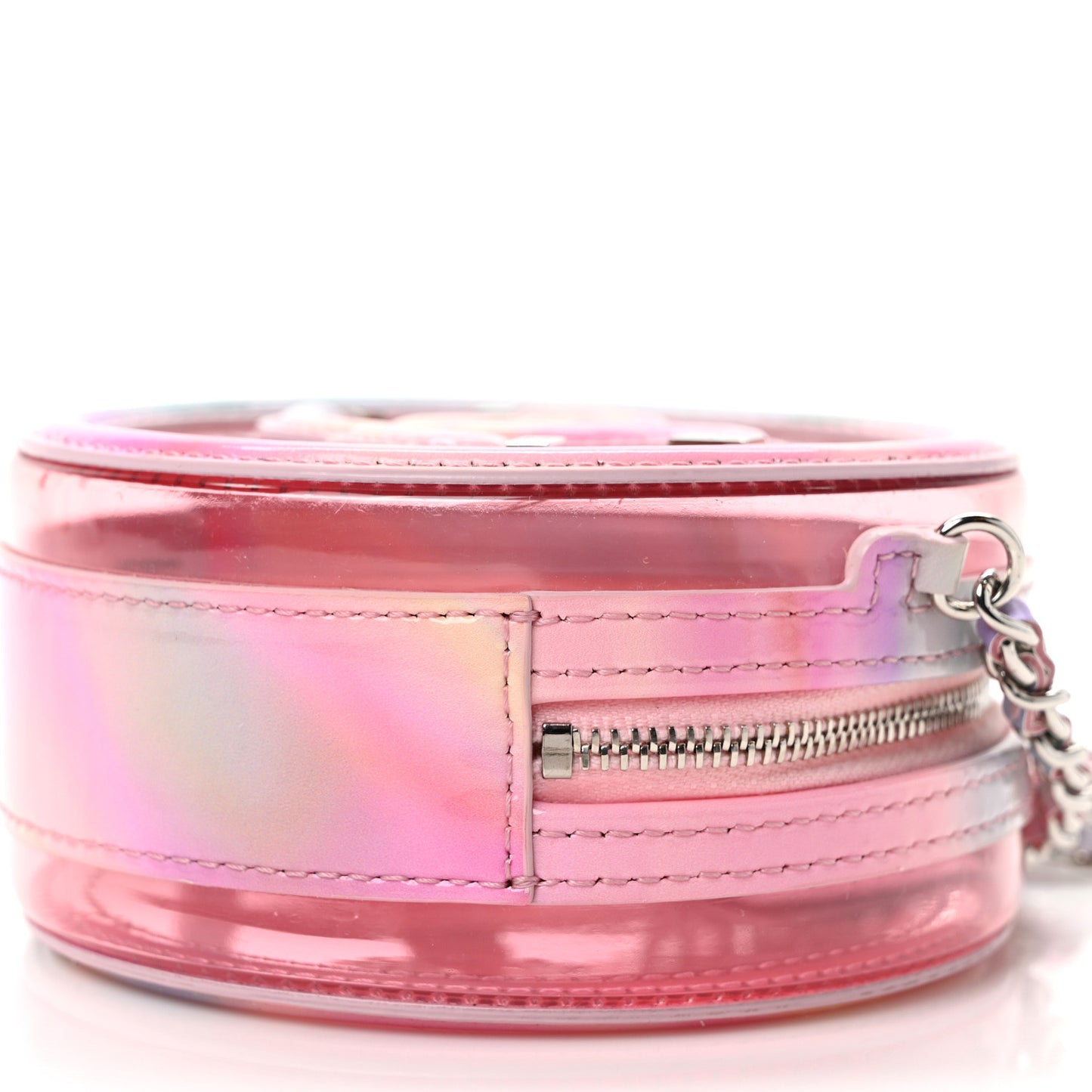 PVC Lambskin Filigree Round Clutch With Chain Pink