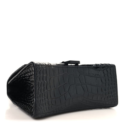 Balenciaga Shiny Calfskin Monochrome Crocodile Embossed Small Hourglass Top Handle Bag Black 4 of 11