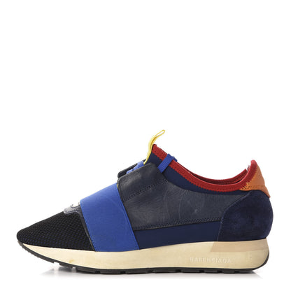 Balenciaga Calfskin Neoprene Mesh Suede Womens Race Runner Sneakers 37 Black Bleu 1 of 8