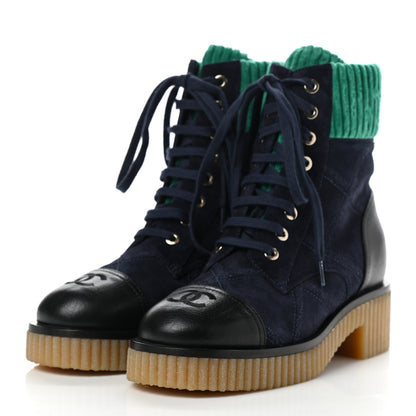 Chanel Suede Calfskin Velvet Quilted CC Combat Boots 35 Navy Green Black 3 of 10