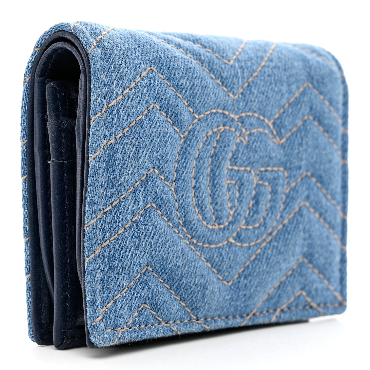 Gucci Denim Matelasse Pearly GG Marmont Card Case Wallet Blue 3 of 8