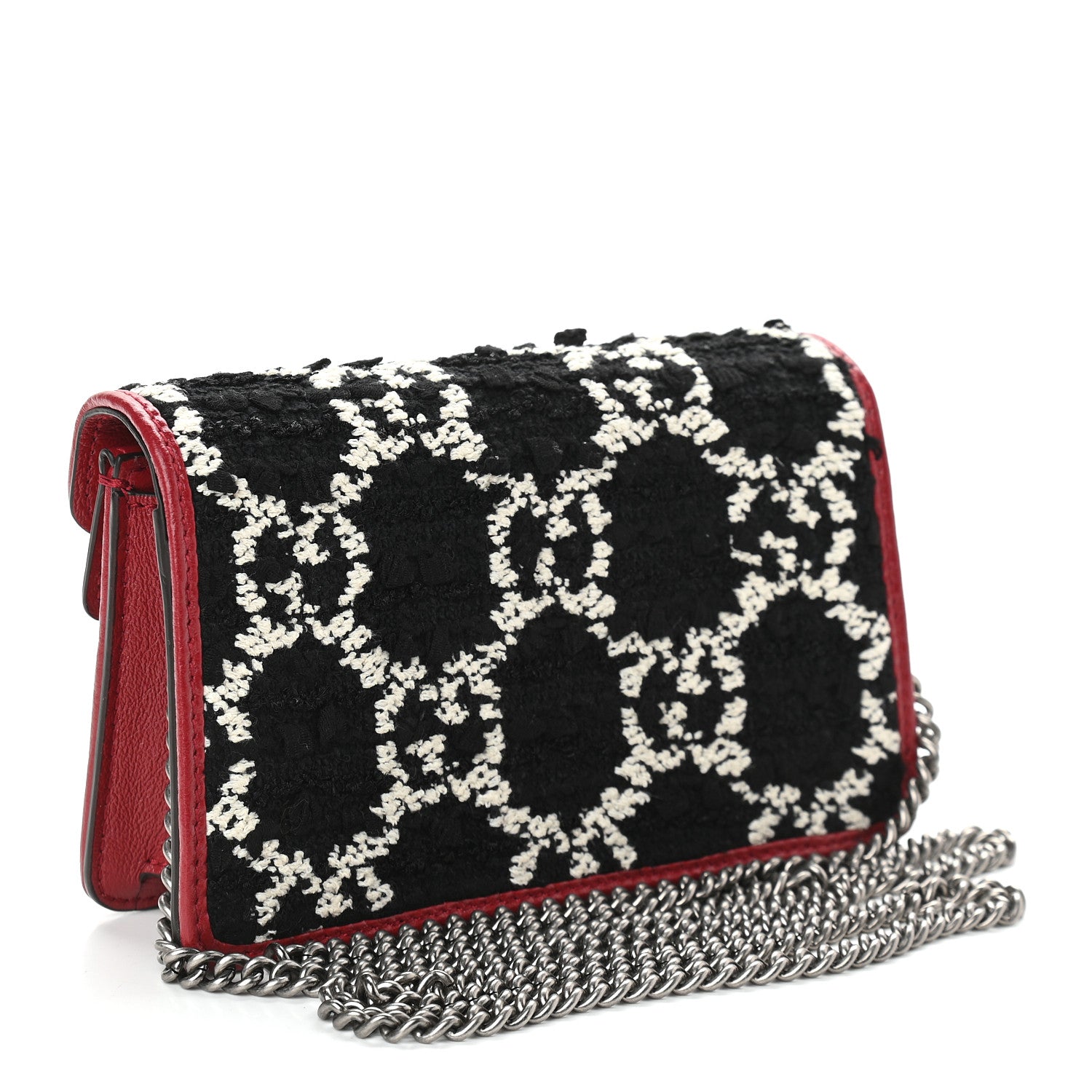 Gucci Tweed GG Monogram Super Mini Dionysus Shoulder Bag Black White Romantic Cherry 3 of 9