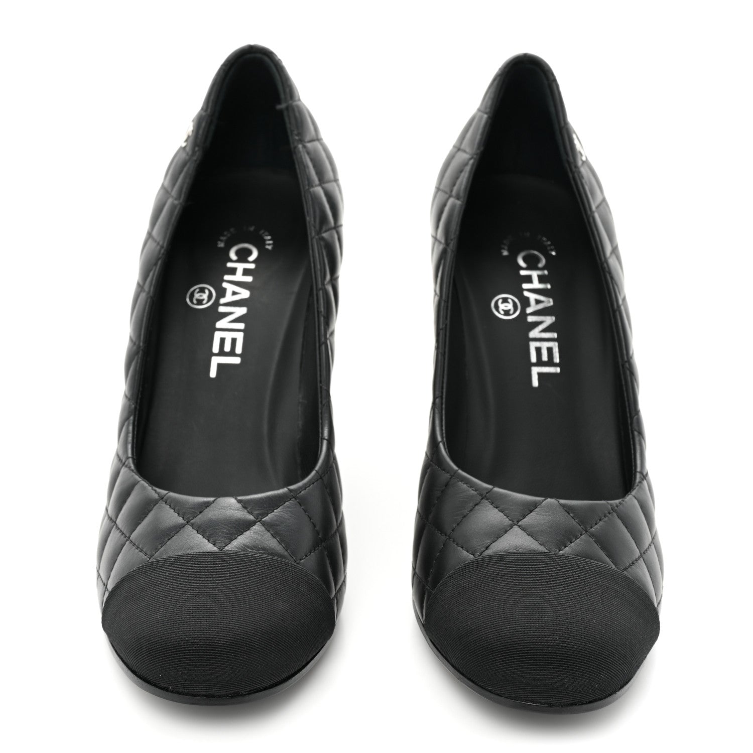Chanel Lambskin Grosgrain Quilted Cap Toe CC Pumps 37.5 Black 2 of 11