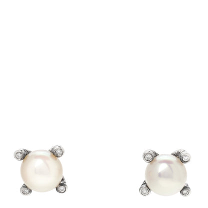David Yurman Sterling Silver Diamond Pearl 7mm Earrings 1 of 6