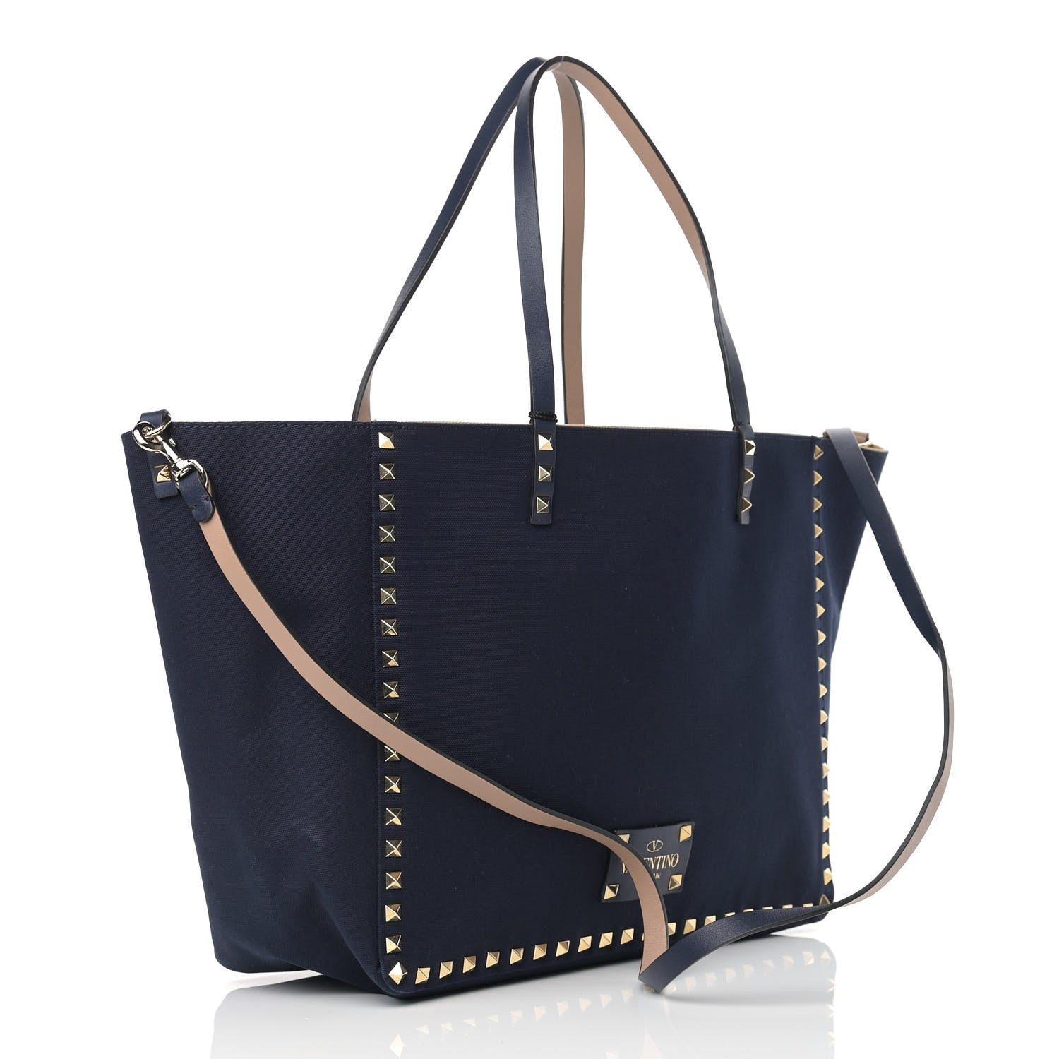 Valentino Garavani Canvas Small Rockstud Reversible Tote Navy Blue Beige 5 of 17