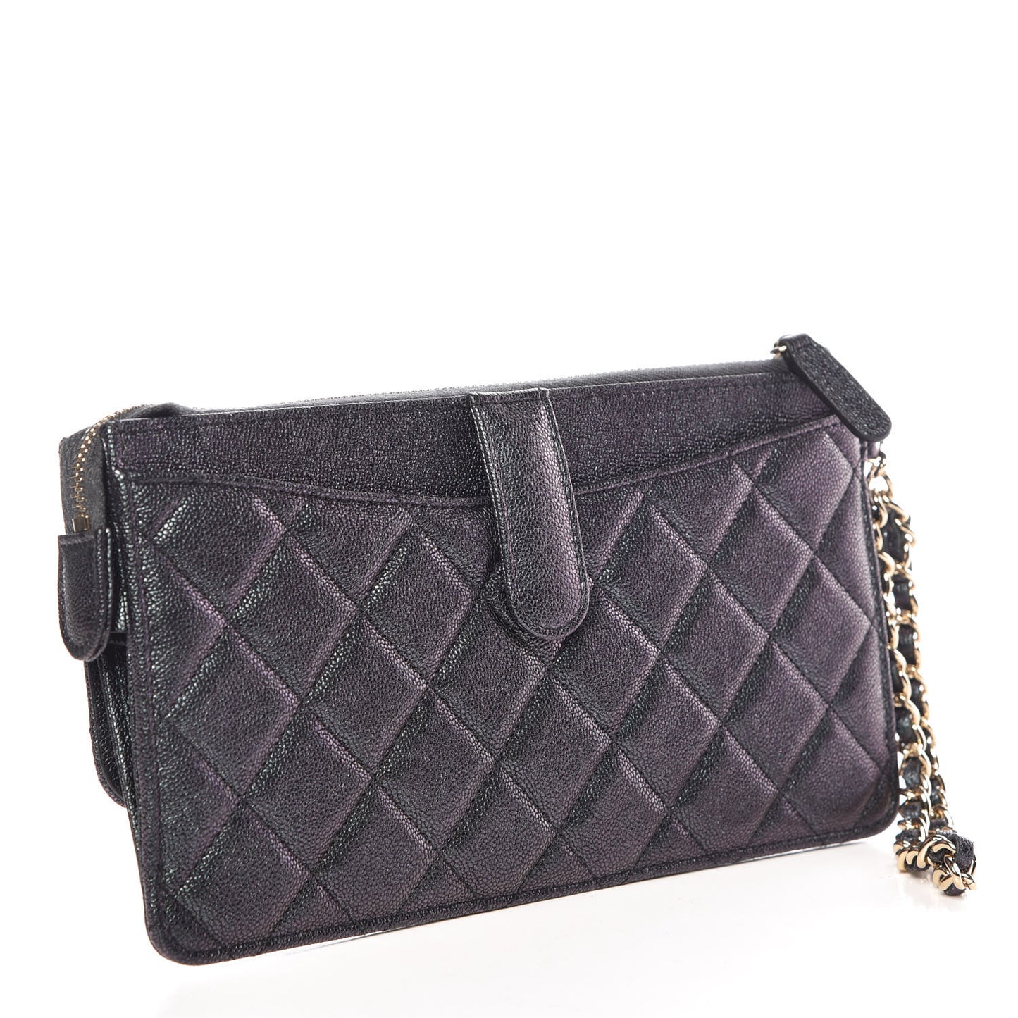 Iridescent Caviar Quilted Classic Pouch With Handle Black