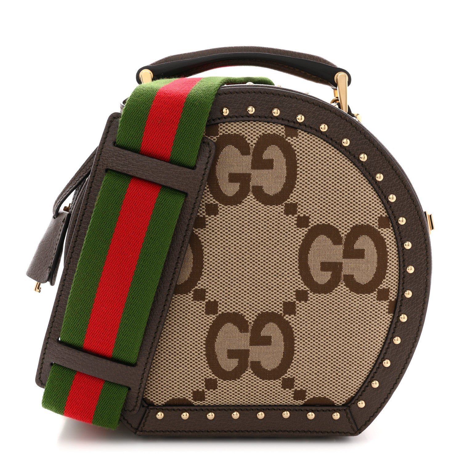 Gucci Monogram Jumbo GG Textured Dollar Calfskin Web Mini Savoy Hat Box Camel Ebony New Acero 1 of 10