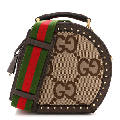 Gucci Monogram Jumbo GG Textured Dollar Calfskin Web Mini Savoy Hat Box Camel Ebony New Acero 1 of 10